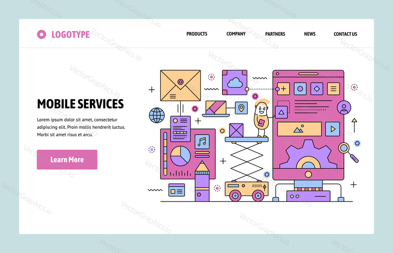 Vector web site linear art design template. Mobile phone services and smartphone applications. Landing page concepts for website and mobile development.