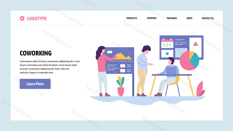 Vektorové webové stránky gradient design šablony. Coworkingový prostor. Obchodní tým dělá prezentaci. Koncepty vstupní stránky pro vývoj webových stránek a mobilních zařízení. Moderní ploché ilustrace