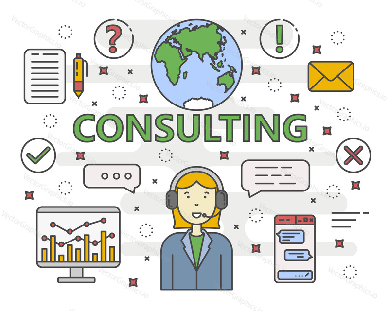 Vector Consulting service concept banner. Lineární graf, graf. Konzultant s bublinami řeči. Tenká čára plochý design infographic prvky, symboly a ikony pro web, marketing a tisk.