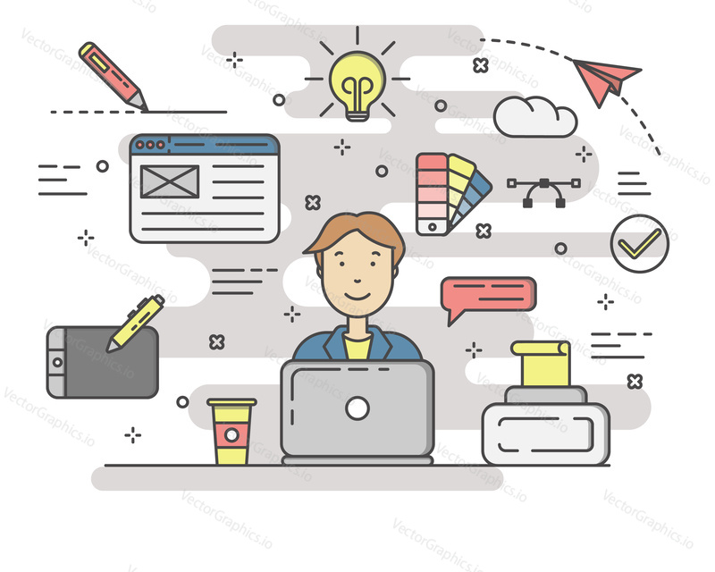Design concept vector illustration with designer, linear symbols, icons representing workflow of creating design product. Thin line flat style banner for website, mobile apps, presentation, printing.