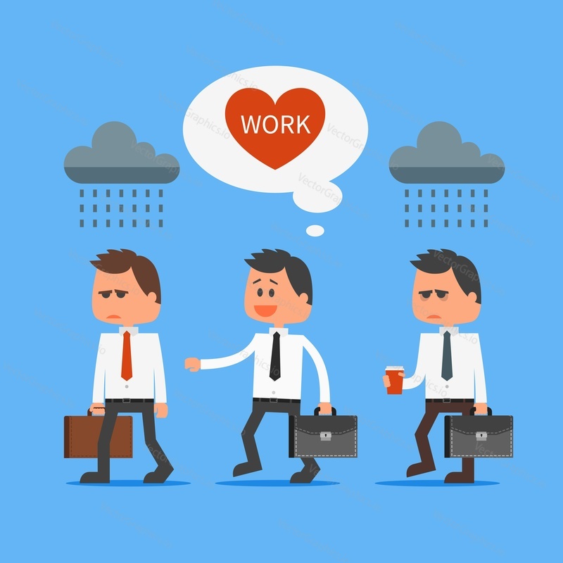 Cartoon office worker loves his work outstanding from crowd. Going to work vector concept illustration in flat style design. Man characters, clouds, message bubble, heart, going to work.