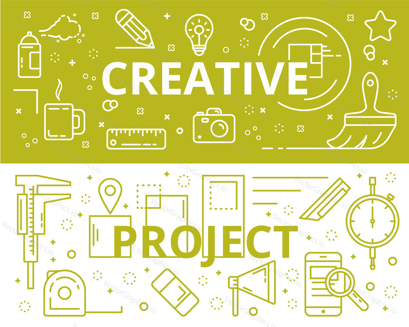 Vector set of Creative process and Project concept banners. Symbols and icons representing workflow of creating project. Thin line flat design elements for web, marketing, presentation and printing.