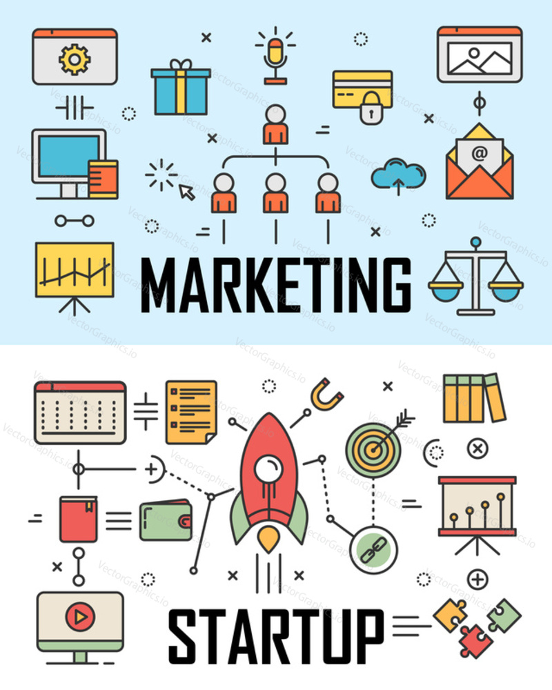 Vector set of Marketing and Startup concept banners. Linear chart, scheme for company offering innovative product, service. Thin line flat design infographic items, icons for web, marketing, printing.