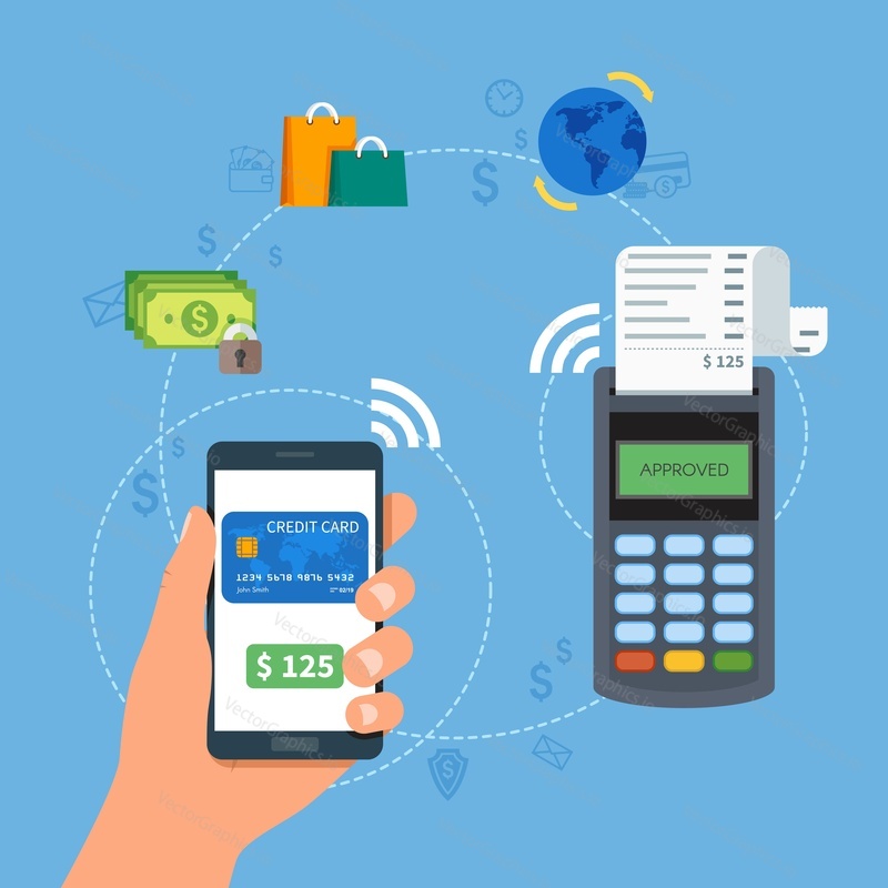 Mobilní platby pomocí smartphonu. Koncept platebního terminálu Near field communication. Online transakce, paypass a NFC. Kreslený plochý styl vektorové ilustrace.