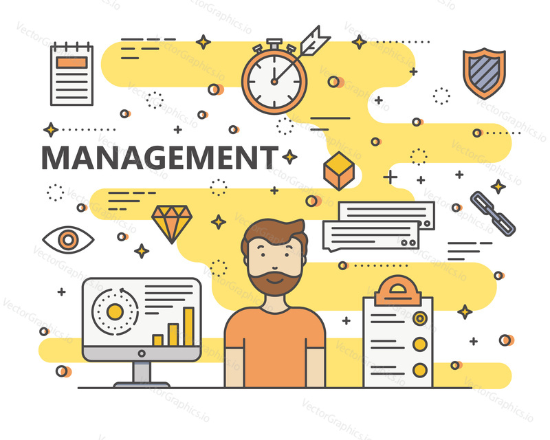 Vektorová ilustrace konceptu řízení. Moderní tenké linie ploché designové prvky, ikony pro web, marketing, prezentaci a tisk.