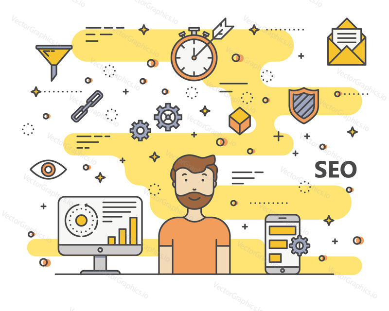 SEO concept vector illustration. Modern thin line flat design elements, icons for web, marketing, presentation and printing.