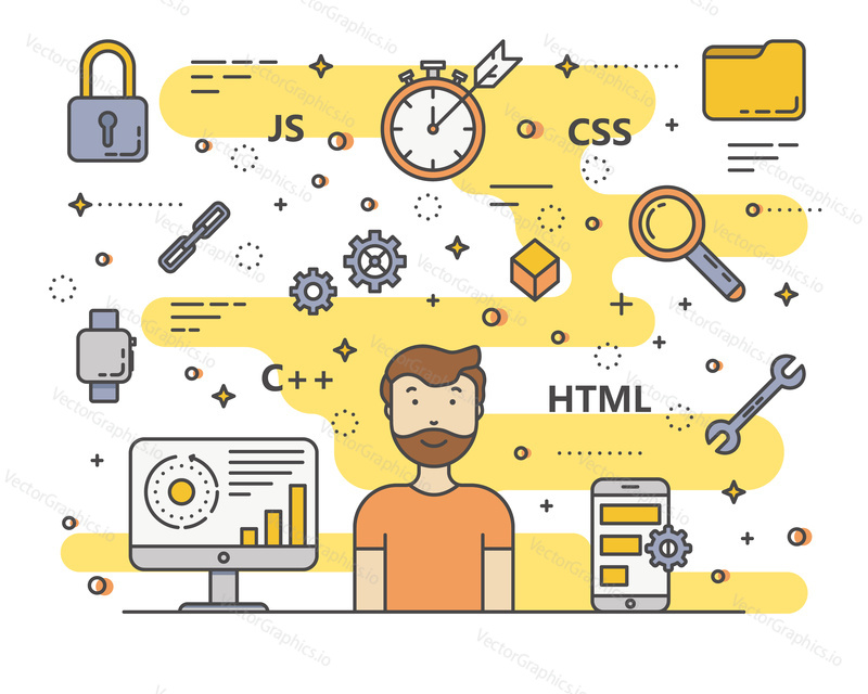 Vektorový webový vývoj, programovací koncept banner. Digitální zařízení, programátor vytvářející webové stránky, psaní počítačového softwaru, mobilní aplikace. Tenké čáry plochý design symboly a ikony pro web, tisk