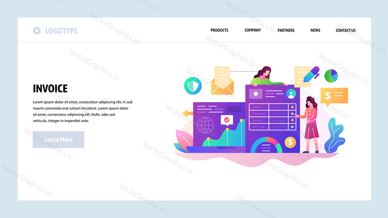 Vektorové webové stránky design šablony. Obchodní dokumenty a správa financí, platba faktur. Koncepty vstupní stránky pro vývoj webových stránek a mobilních zařízení. Moderní byt ilustrace.