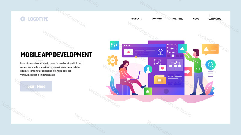 Vektorové webové stránky design šablony. Vývojový tým mobilních aplikací, programátor sestavení softwarového kódu. Koncepty vstupní stránky pro webové stránky a mobilní aplikace. Moderní byt ilustrace.