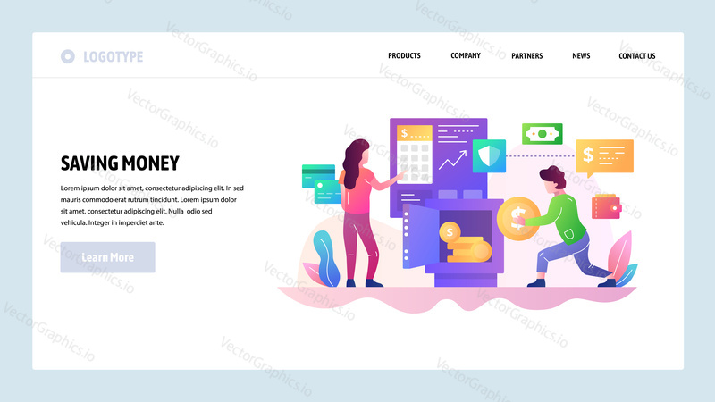 Vektorové webové stránky design šablony. Úspora peněz v bankovním trezoru. Koncepty vstupní stránky pro vývoj webových stránek a mobilních zařízení. Moderní byt ilustrace.