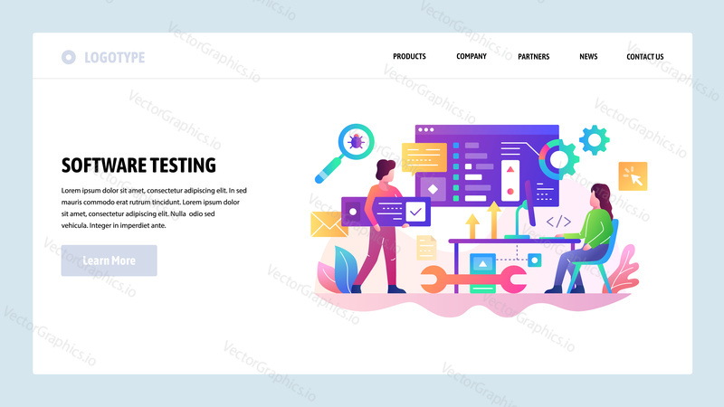 Vektorové webové stránky design šablony. Vývoj Software a test kódu, programátor kódování aplikace. Koncepty vstupní stránky pro vývoj webových stránek a mobilních zařízení. Moderní byt ilustrace.