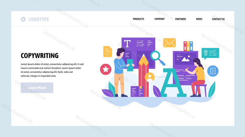 Vektorové webové stránky design šablony. Média, tisk a novinářský článek, spisovatel, copywriter, typografie . Koncepty vstupní stránky pro vývoj webových stránek a mobilních zařízení. Moderní byt ilustrace.