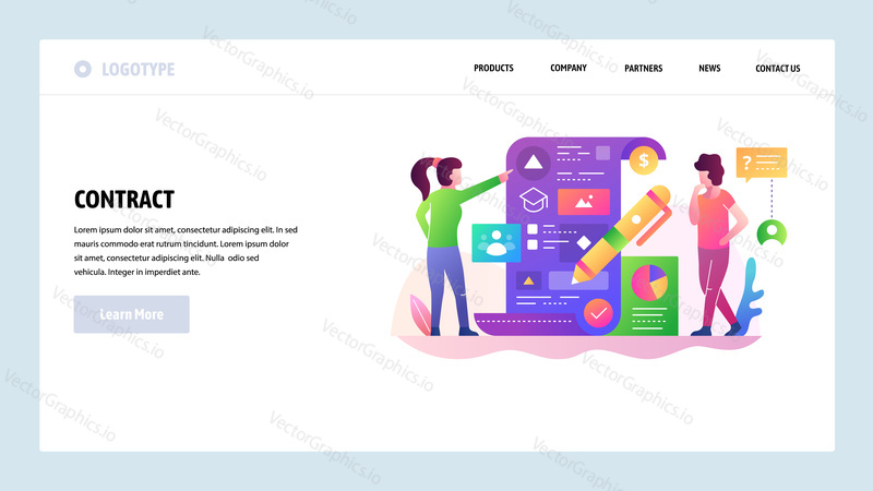 Vektorové webové stránky design šablony. Podpis smlouvy, obchodní dohoda, finanční dokument. Koncepty vstupní stránky pro vývoj webových stránek a mobilních zařízení. Moderní byt ilustrace.