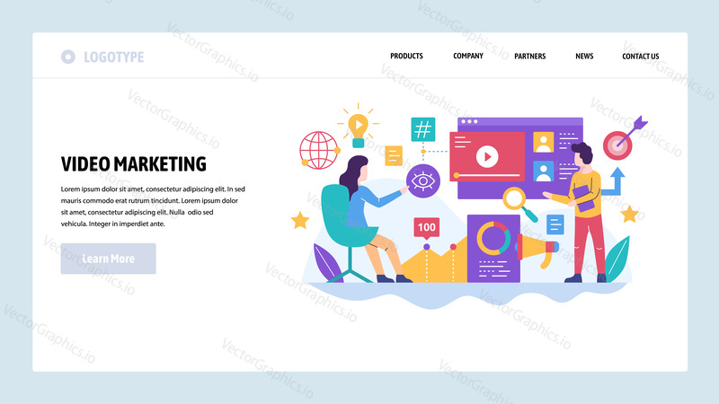 Vektorové webové stránky design šablony. Video marketing a digitální reklama, Cílová reklama sociálních médií. Koncepty vstupní stránky pro vývoj webových stránek a mobilních zařízení. Moderní byt ilustrace.