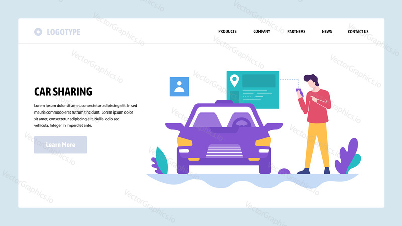 Vektorové webové stránky design šablony. Sdílení aut. Pořiďte si auto chytrý telefon app. Koncepty vstupní stránky pro vývoj webových stránek a mobilních zařízení. Moderní ploché ilustrace