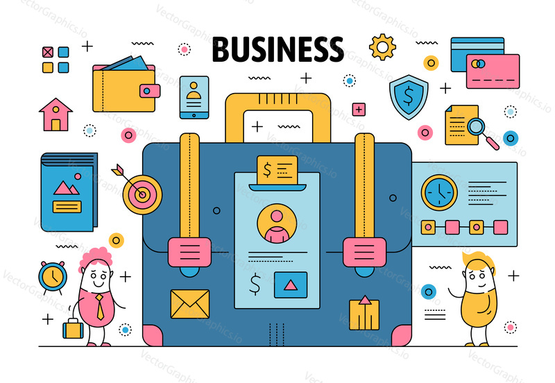 Obchodní plakát banner šablona. Vector thin line art flat style design s kancelářskými pracovníky vtipné kreslené postavičky, obchodní symboly, ikony pro webové stránky bannery a tištěných materiálů.