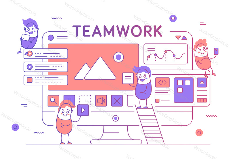 Obchodní týmová práce plakát banner šablona. Vector thin line art flat style design s kancelářskými pracovníky vtipné kreslené postavičky, obchodní symboly, ikony pro webové stránky bannery a tištěných materiálů.
