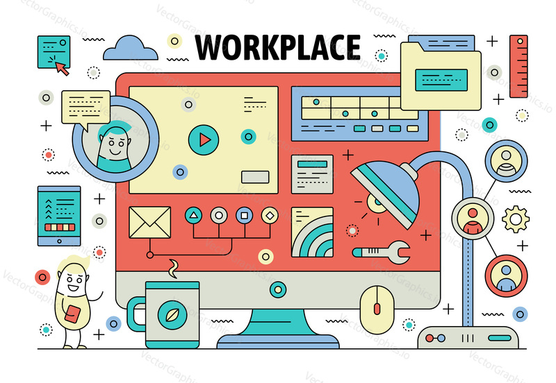 Office workplace plakát banner šablona. Vektorové tenké čáry umění plochý styl designové prvky, symboly, ikony pro webové stránky bannery a tištěných materiálů.