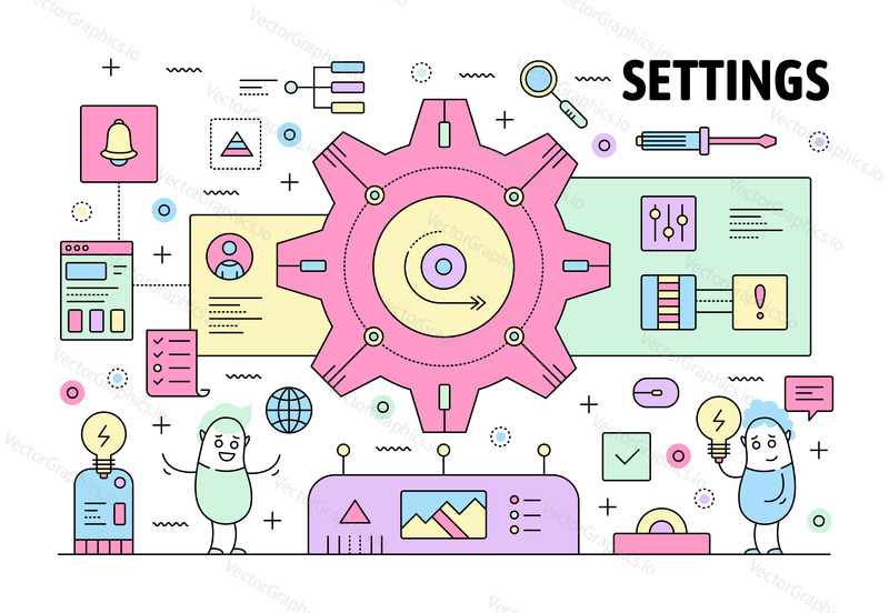 Settings poster banner template. Vector thin line art flat style design elements, symbols, icons for website banners and printed materials.