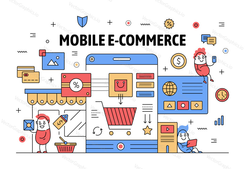 Mobilní e-commerce plakát banner šablona. Vector thin line art flat style design s legračními kreslenými postavičkami, symboly online nakupování, ikony pro bannery webových stránek a tištěné materiály.