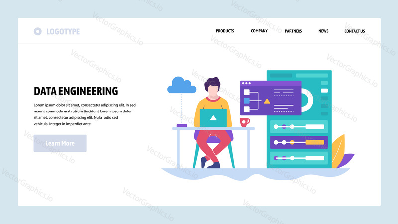 Векторный шаблон дизайна веб-сайта. Разработка программного обеспечения, работа программиста за ноутбуком. Концепции целевых страниц для разработки веб-сайтов и мобильных устройств. Современная плоская иллюстрация