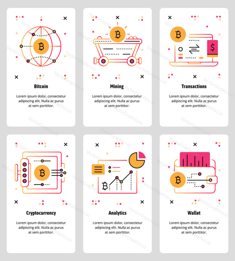 Vector set of mobile app onboarding screens. Bitcoin, Mining, Transactions, Cryptocurrency, Analytics, Wallet web templates and banners. Thin line art style design icons for website menu.