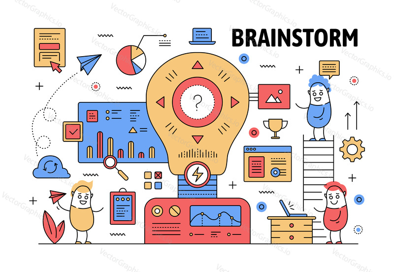 Brainstorm plakát banner šablona. Vector thin line art flat style design s kancelářskými pracovníky vtipné kreslené postavičky, obchodní symboly, ikony pro webové stránky bannery a tištěných materiálů.