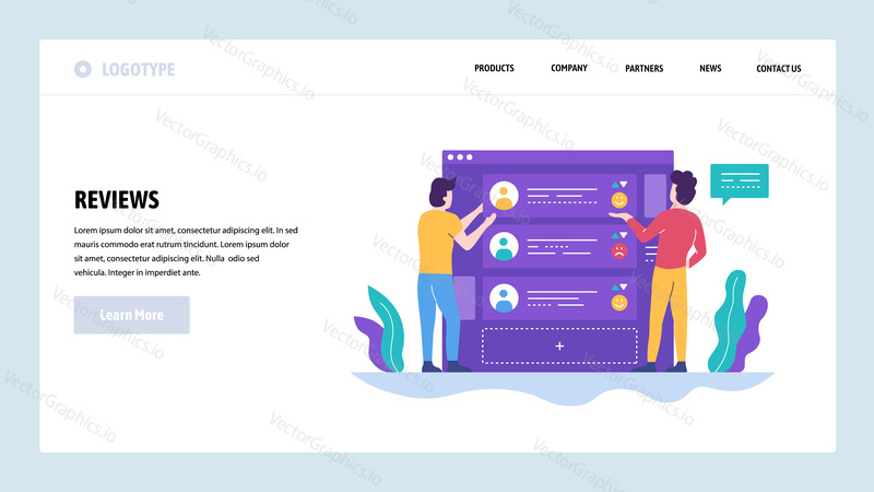 Vektorové webové stránky design šablony. Online recenze a hodnocení zákazníků. Koncepty vstupní stránky pro vývoj webových stránek a mobilních zařízení. Moderní ploché ilustrace