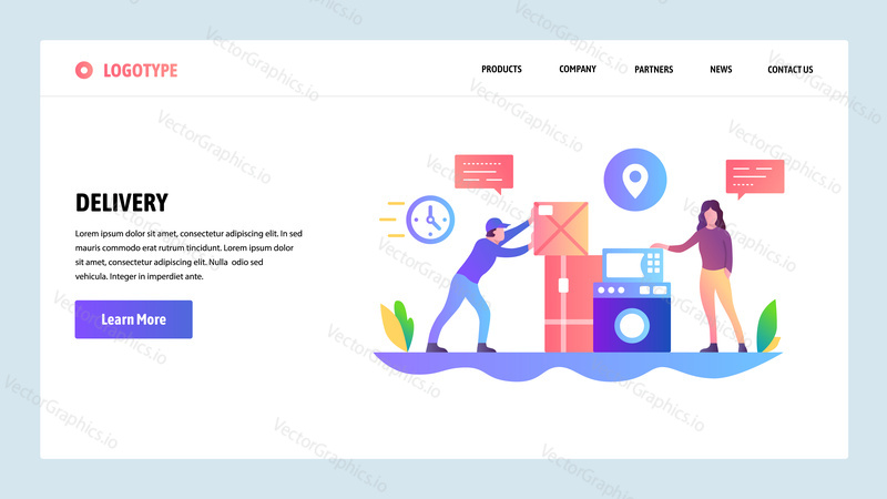 Vektorové webové stránky design šablony. Doručení a nakupování online. Kurýr doručuje balíčky ke dveřím. Koncepty vstupní stránky pro vývoj webových stránek a mobilních zařízení. Moderní ploché ilustrace