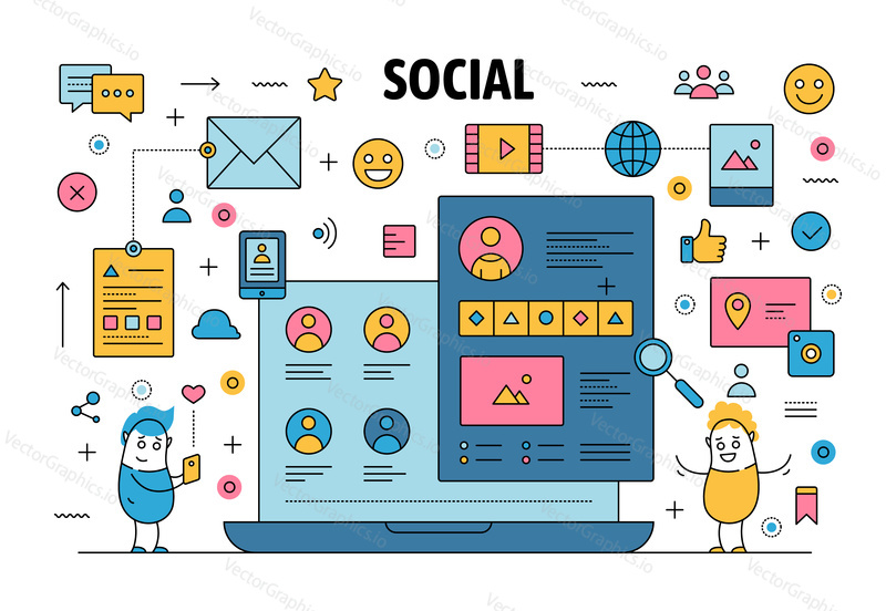 Šablona banneru plakátu sociální sítě. Vector thin line art flat style design s legračními kreslenými postavičkami, sociálními sítěmi, komunikačními symboly, ikonami pro bannery webových stránek a tištěnými materiály.