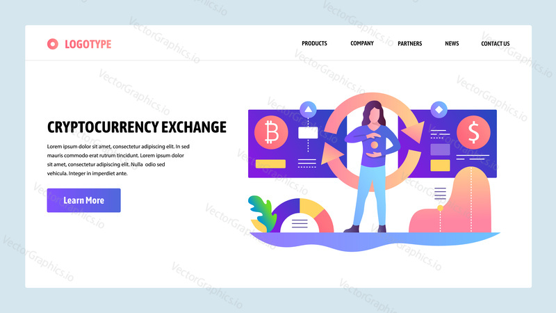 Vektorové webové stránky design šablony. Výměna kryptoměna, bitcoin kurz dolaru. Koncepty vstupní stránky pro vývoj webových stránek a mobilních zařízení. Moderní ploché ilustrace