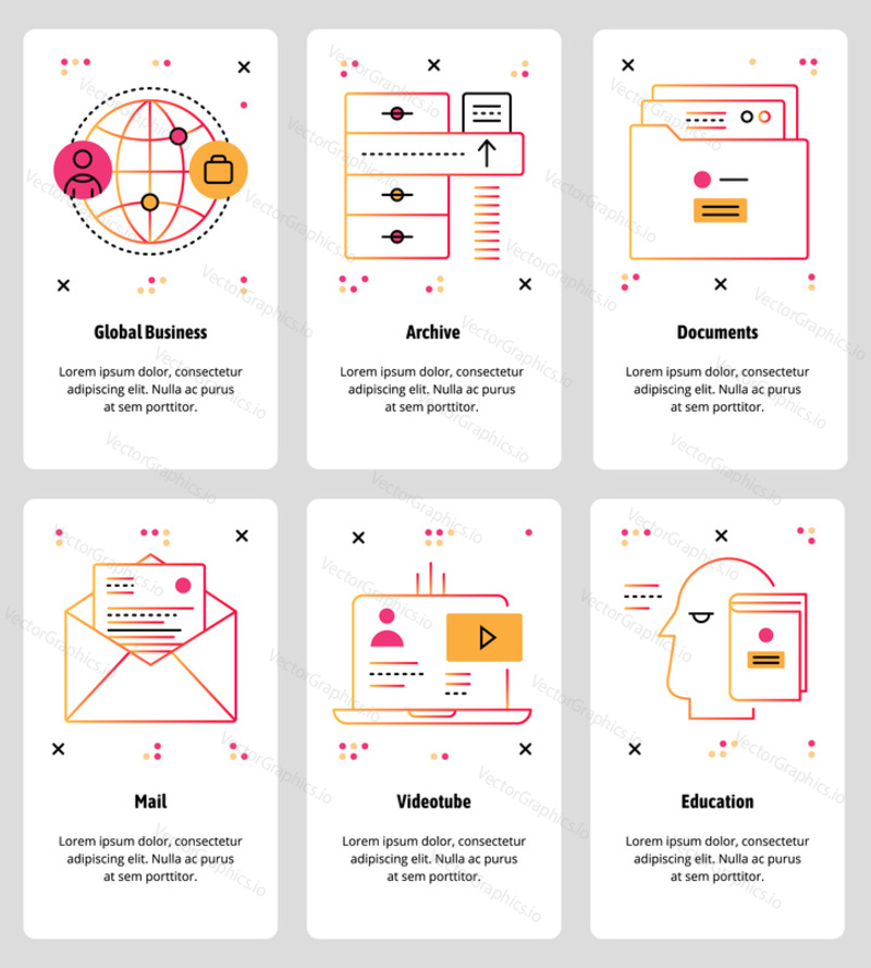 Vector set of mobile app onboarding screens. Global Business, Archive, Documents, Mail, Videotube, Education web templates and banners. Thin line art style design icons for website menu.
