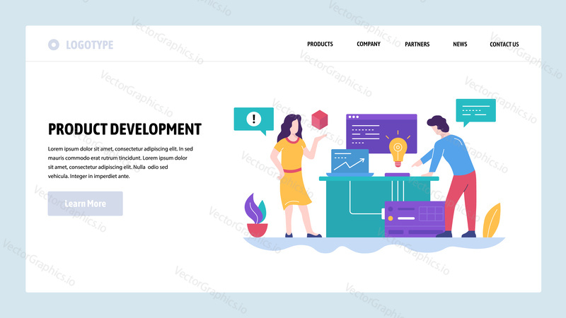 Vector web site design template. New product development, creatice idea. Team in office. Landing page concepts for website and mobile development. Modern flat illustration