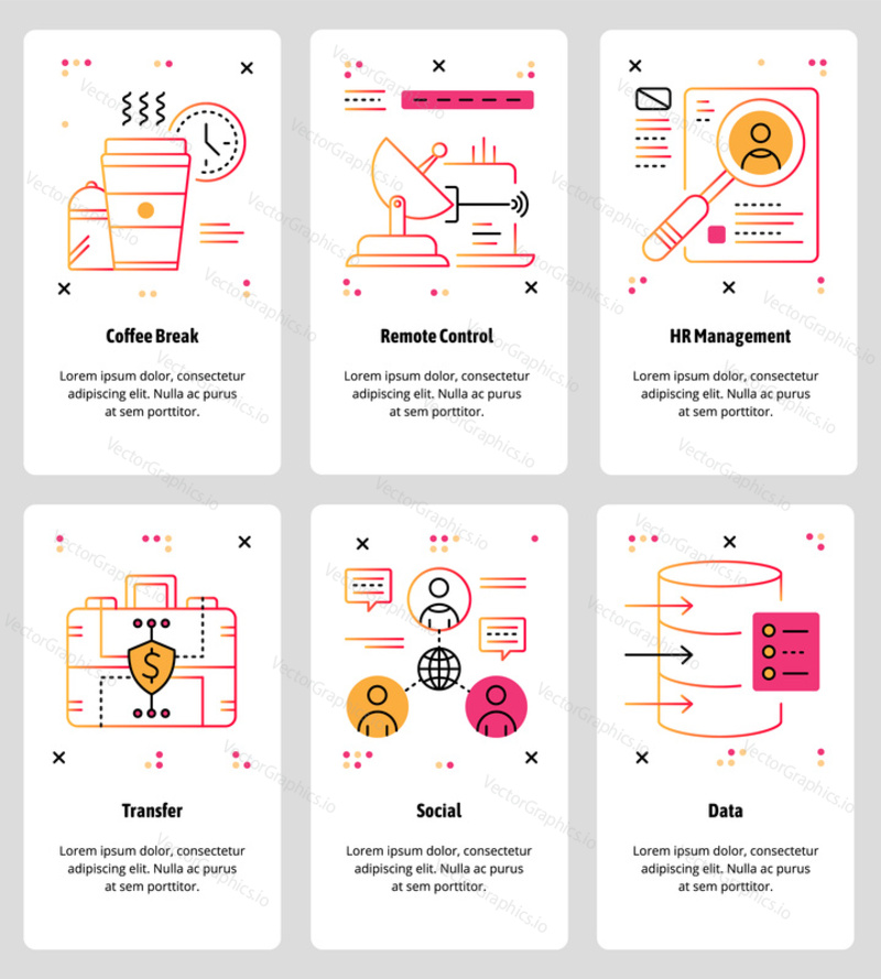 Vector set of mobile app onboarding screens. Coffee Break, Remote Control, HR Management, Transfer, Social, Data web templates and banners. Thin line art style design icons for website menu.