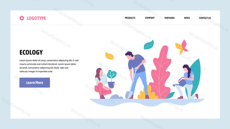 Vektorové webové stránky gradient design šablony. Lidé sázejí strom v parku. Koncepty ekologie vstupní stránky pro vývoj webových stránek a mobilních zařízení. Moderní ploché ilustrace