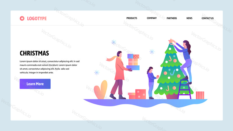 Web site onboarding screens. Happy family decorate christmas tree. Merry christmas and happy new year. Menu vector banner template for website and mobile app development. Modern design linear art flat illustration