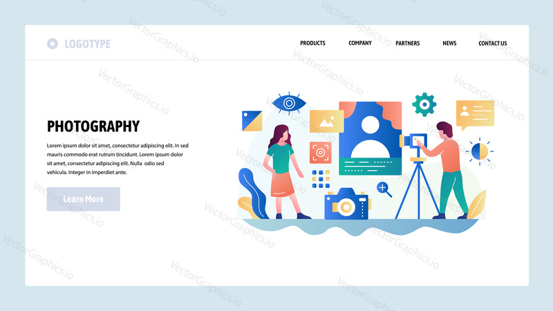 Vektorové webové stránky design šablony. Foto studio, fotografický servis, digitální fotoaparát. Koncepty vstupní stránky pro vývoj webových stránek a mobilních zařízení. Moderní byt ilustrace.