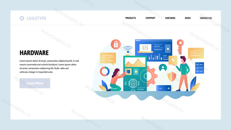 Vector web site design template. Computer hardware and integrated circuit. Computer chip. Landing page concepts for website and mobile development. Modern flat illustration.