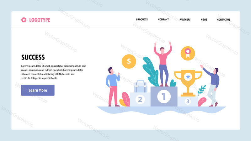 Vektorové webové stránky gradient design šablony. Obchodní úspěch, vítěz na nejvyšší pozici s odměnou. Koncepty vstupní stránky pro vývoj webových stránek a mobilních zařízení. Moderní ploché ilustrace
