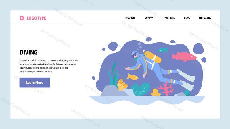 Vektorové webové stránky gradient design šablony. Potápění. Potápěč Podvodní hodinky mořský život. Koncepty vstupní stránky pro vývoj webových stránek a mobilních zařízení. Moderní ploché ilustrace