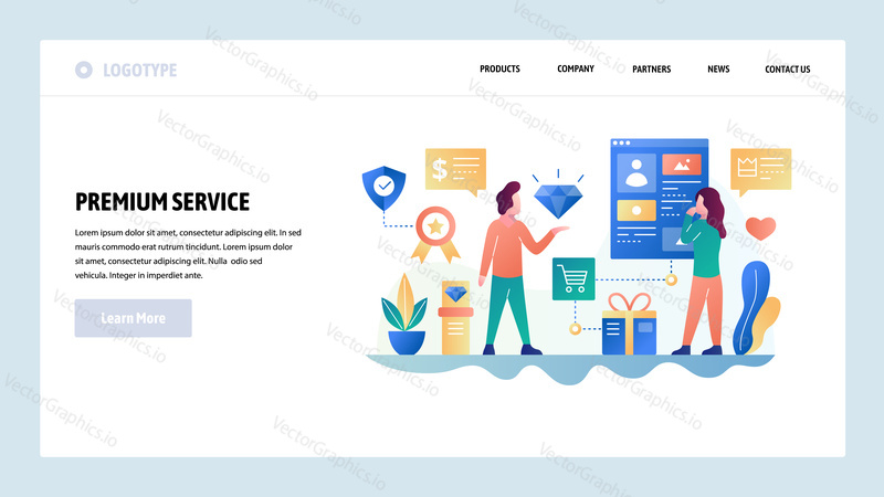 Vektorové webové stránky design šablony. Prvotřídní zákaznický servis. Podpora internetového obchodu. Koncepty vstupní stránky pro vývoj webových stránek a mobilních zařízení. Moderní byt ilustrace.