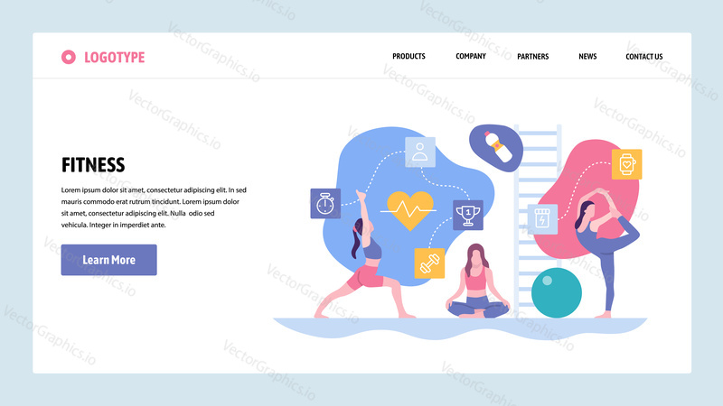 Vektorové webové stránky gradient design šablony. Sportovní fitness cvičení a jóga. Koncepty vstupní stránky pro vývoj webových stránek a mobilních zařízení. Moderní ploché ilustrace