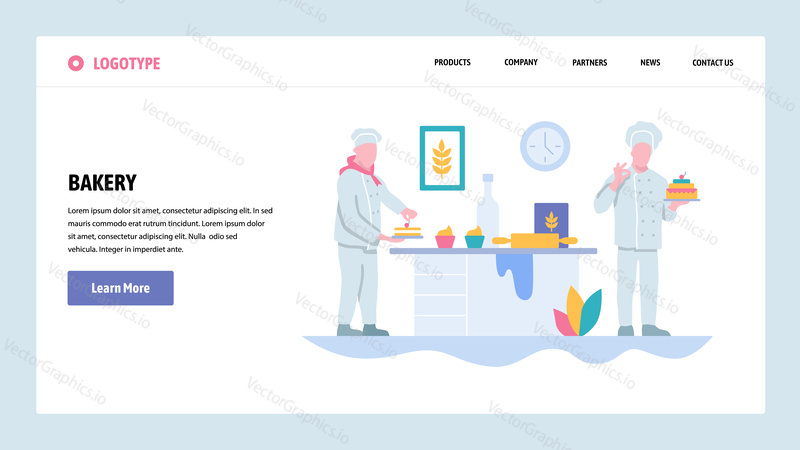 Vektorové webové stránky gradient design šablony. Pekárna obchod a kuchař vaření dort. Koncepty vstupní stránky pro vývoj webových stránek a mobilních zařízení. Moderní ploché ilustrace