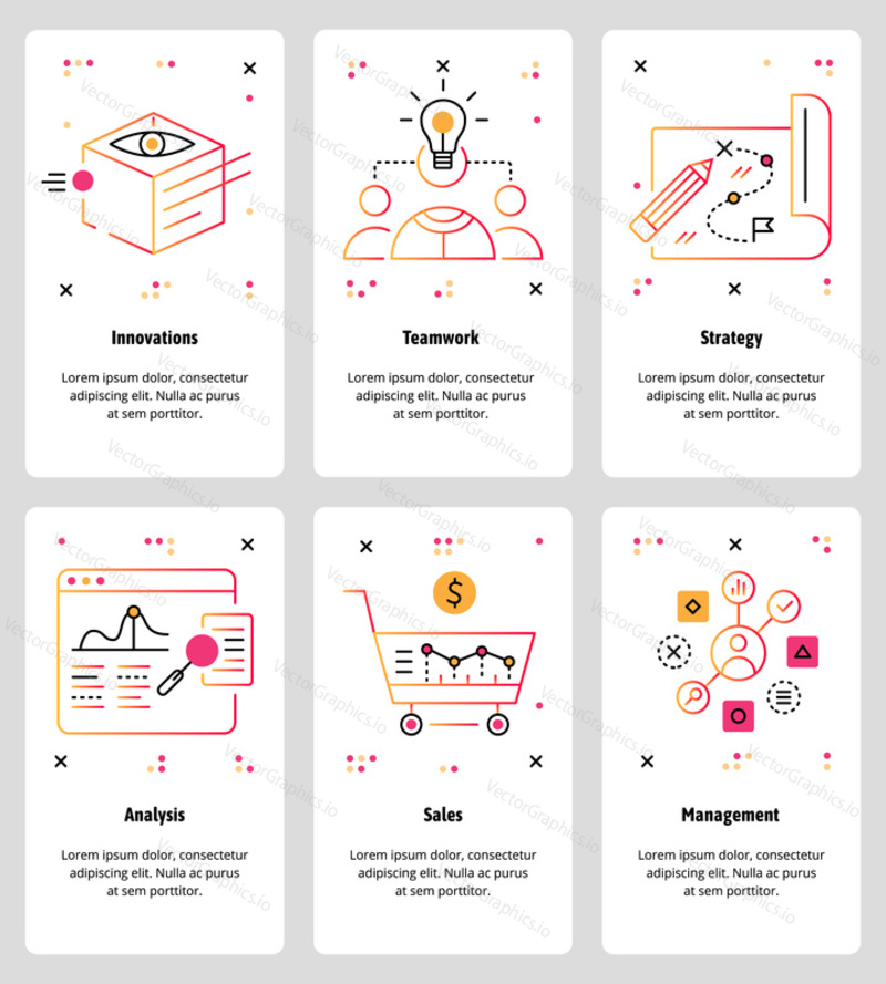 Vector set of mobile app onboarding screens. Innovations, Teamwork, Strategy, Analysis, Sales, Management web templates and banners. Thin line art style design icons for website menu.
