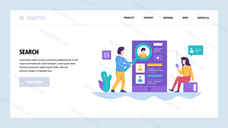 Vektorové webové stránky design šablony. Lidé hledají na internetu. Online profily a nábor pracovních míst. Koncepty vstupní stránky pro vývoj webových stránek a mobilních zařízení. Moderní ploché ilustrace