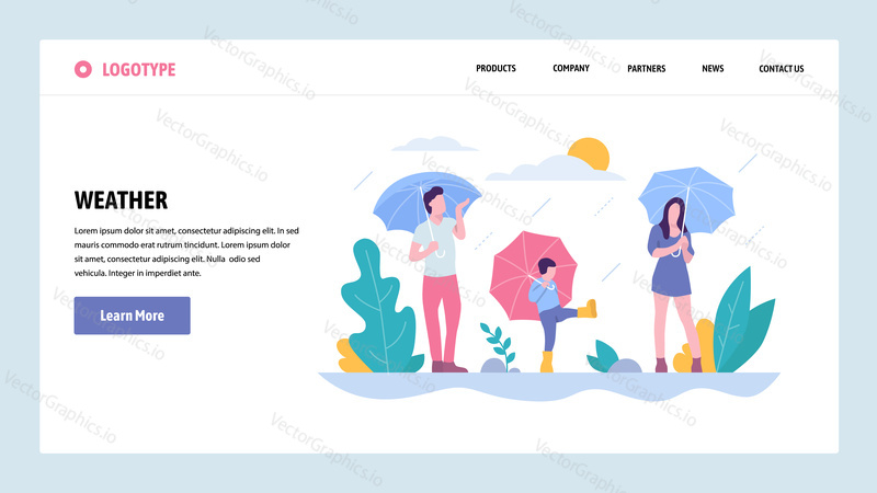 Vektorové webové stránky gradient design šablony. Šťastná rodina chodí v dešti v parku. Podzimní sezóna den. Koncepty vstupní stránky pro vývoj webových stránek a mobilních zařízení. Moderní ploché ilustrace