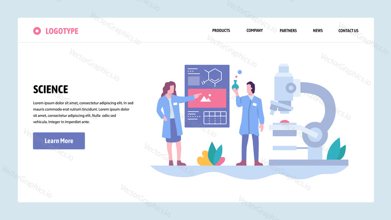 Vektorové webové stránky gradient design šablony. Vědecký experiment v laboratoři. Vědci, mikroskop, baňka. Koncepty vstupní stránky pro vývoj webových stránek a mobilních zařízení. Moderní ploché ilustrace