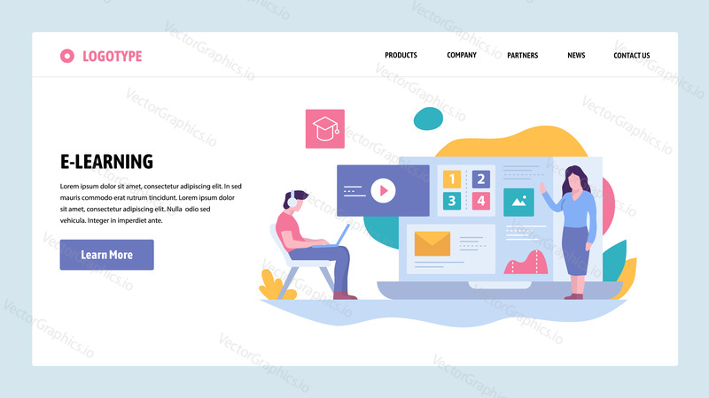 Vektorové webové stránky gradient design šablony. Online vzdělávání a kurzy. Koncepty vstupní stránky pro vývoj webových stránek a mobilních zařízení. Moderní ploché ilustrace