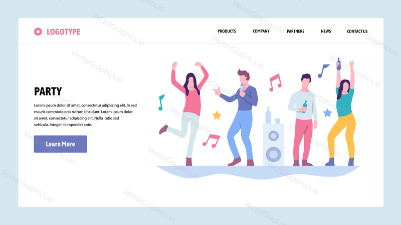 Vektorové webové stránky gradient design šablony. Lidé tančí v nočním klubu. Studentská párty. Koncepty vstupní stránky pro vývoj webových stránek a mobilních zařízení. Moderní ploché ilustrace