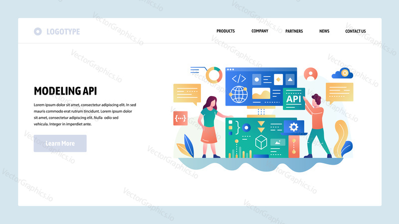 Векторный шаблон дизайна веб-сайта. Технология API и разработка программного обеспечения. Концепции целевых страниц для разработки веб-сайтов и мобильных устройств. Современная плоская иллюстрация.